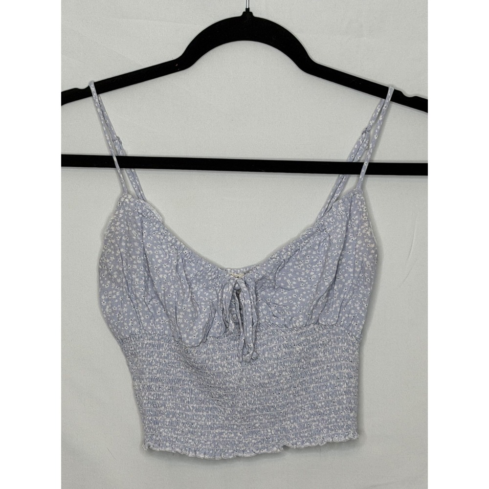 Garage Blue Ditsy Floral Smocked Tie Front Crop Cami Top Size S Small Milkmaid